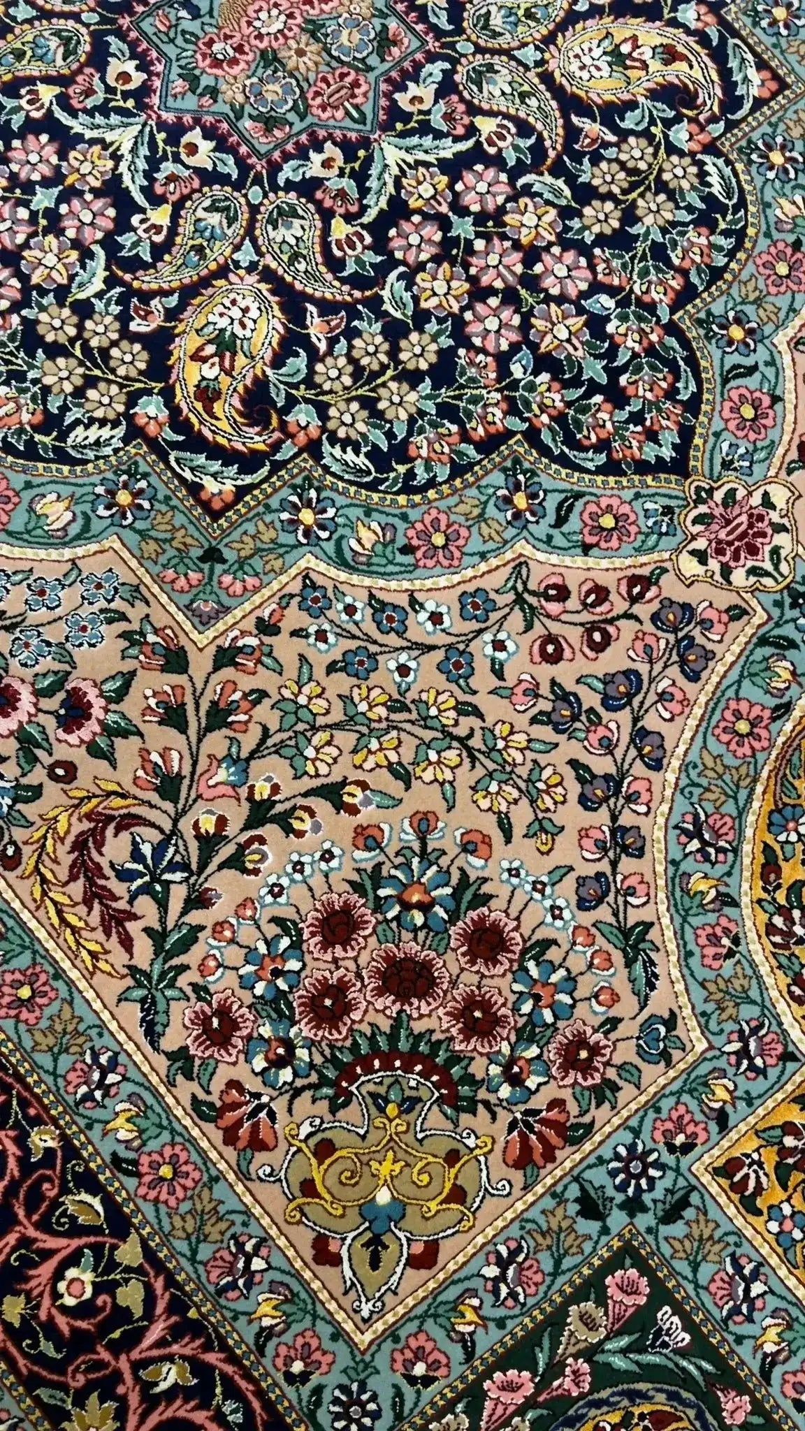 Elegant Samavie Persian Rug – A full view of the Samavie Persian rug laid flat, showcasing its symmetrical design, vibrant colors, and fine details that make it a unique, hand-knotted masterpiece.
